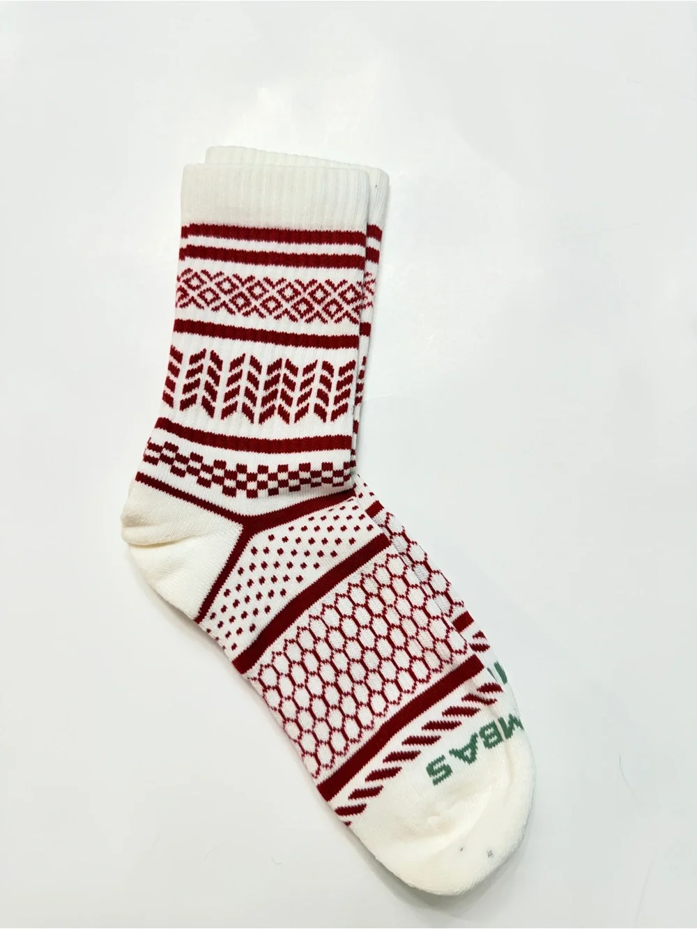 Bombas Fair Isle Half Calf Socks featuring a white and gray/red pattern Med